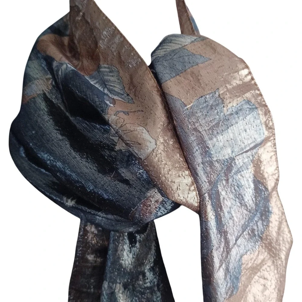 Webb‎ & Co Italy Women Metallic Floral Scarf Bronze Silver Blue Evening Wrap 53